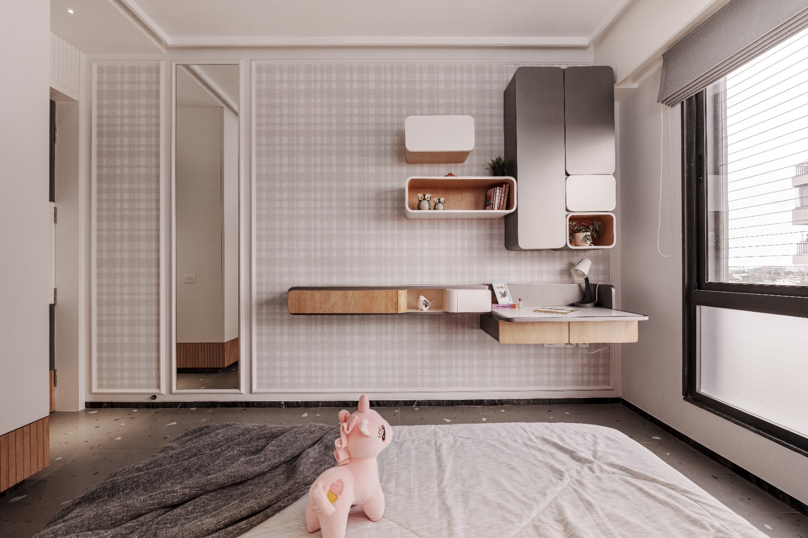 Checked wallpaper feature wall with a roller blind on the window, a SPACIYOUS bedroom project