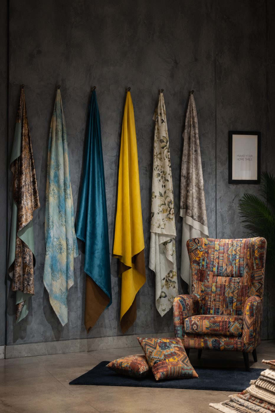 Upholstery and furnishing fabric swatches on display at SPACIYOUS, beside an upholstered wing chair and cushions